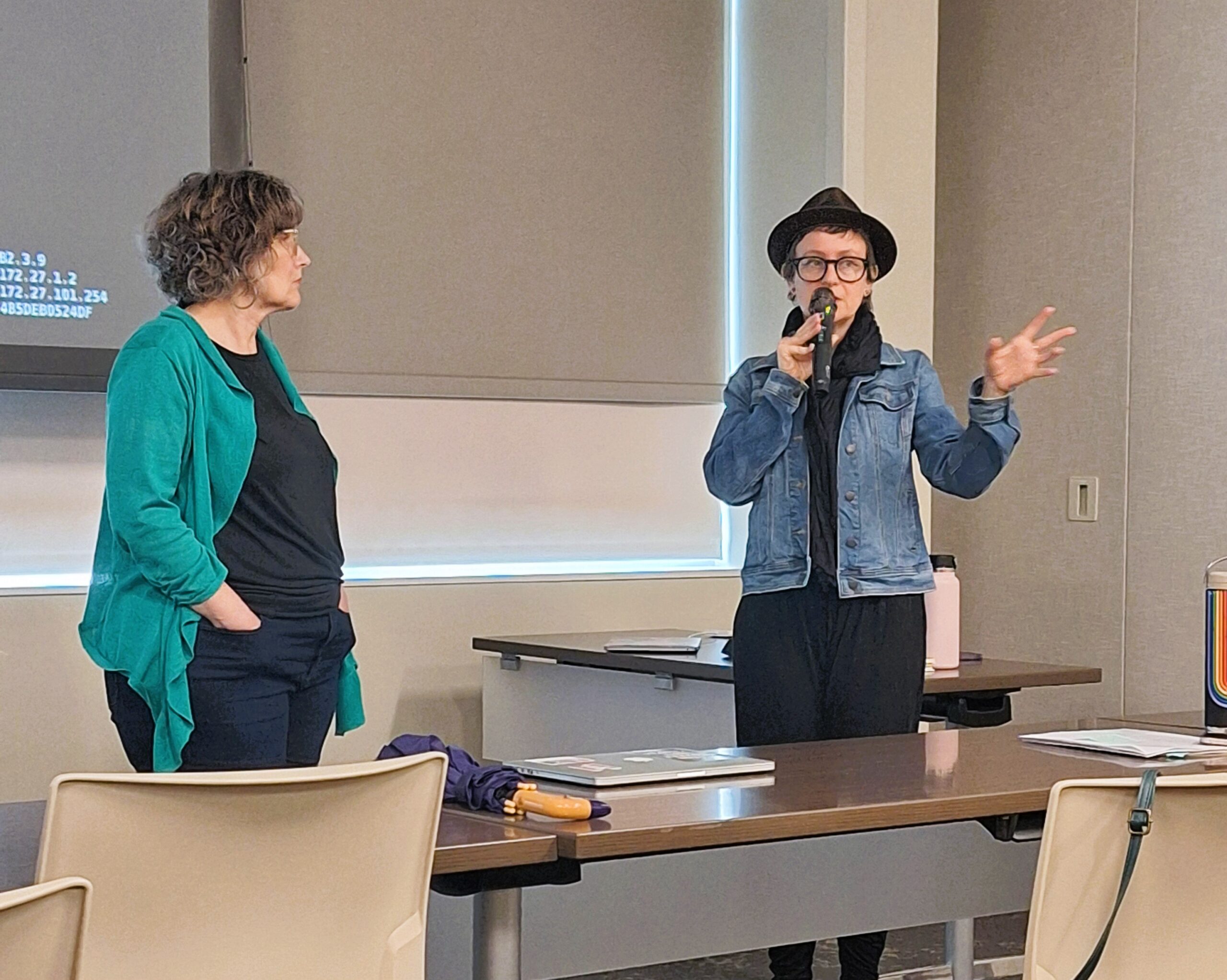 Lynne Jensen Lampe and Cass Donish answering questions, National Poetry Month Intertextual Writing Presentation, 12th of April 2026
